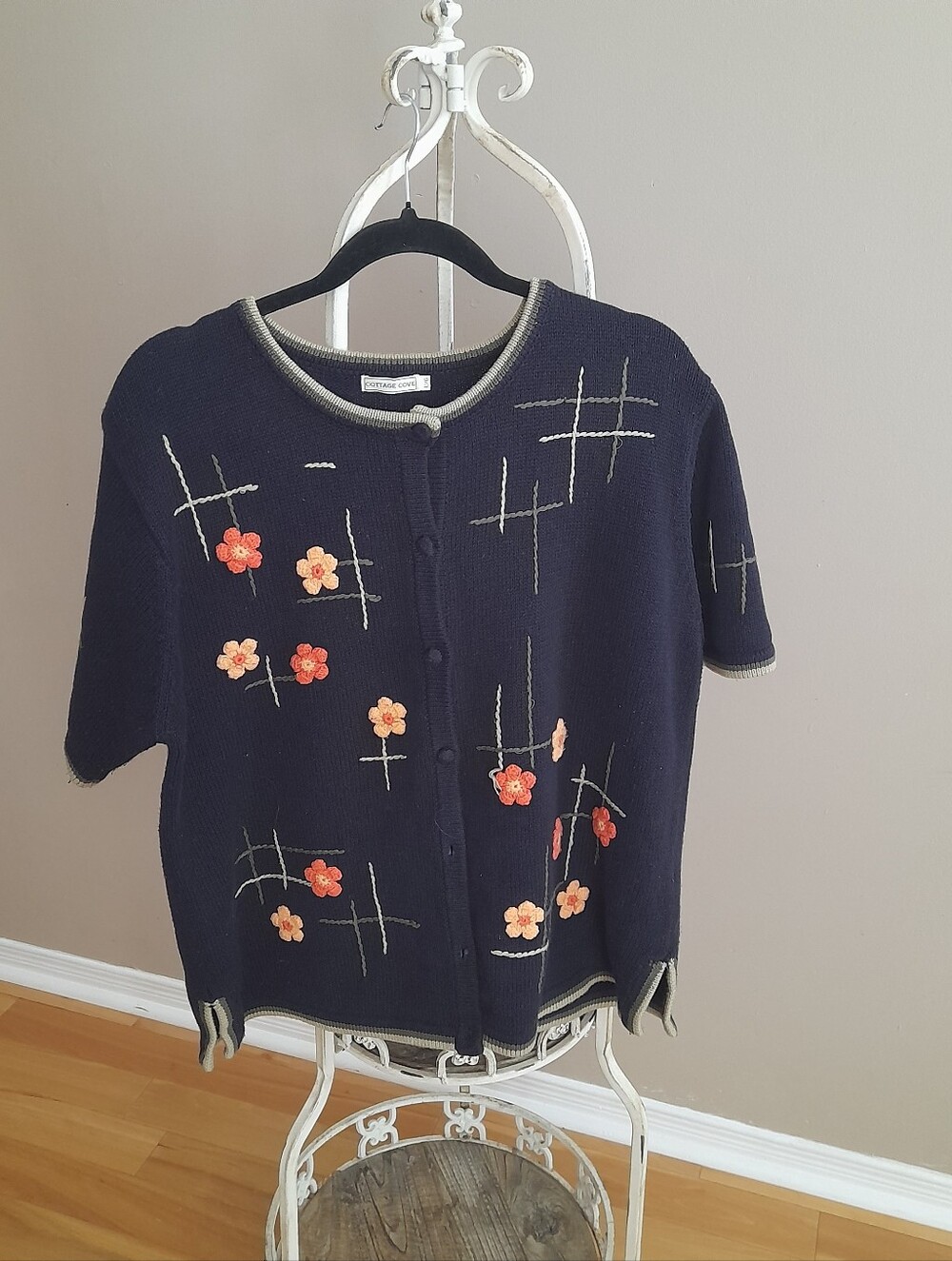 Women's Navy Ramie/Cotton Floral Embroidered Button-Front Short Sleeve Cardigan